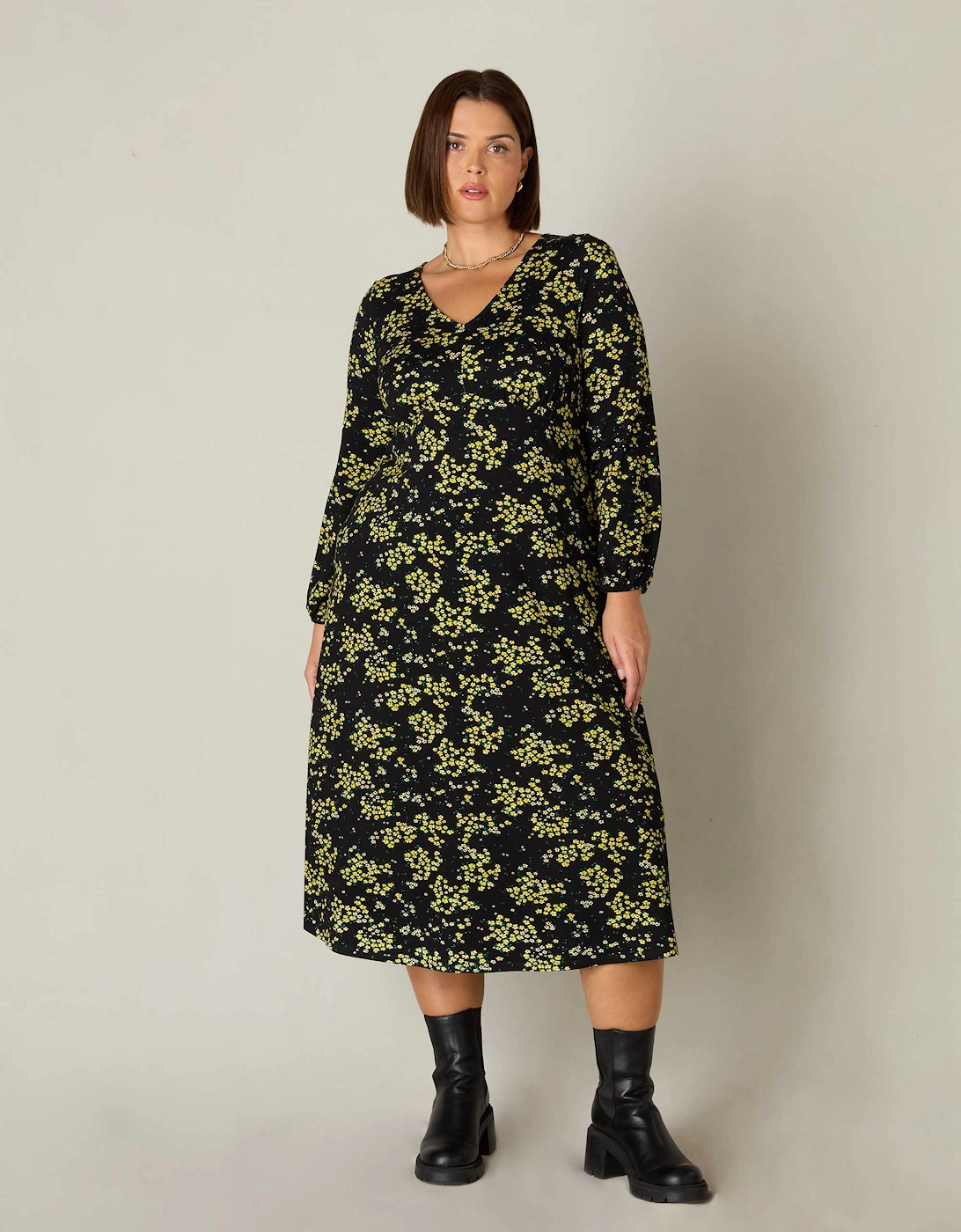 Yellow Ditsy Print Jersey Gathered Waist Midi Dress