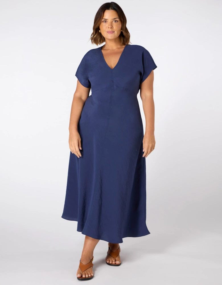 Blue V Neck Seamed Maxi Dress