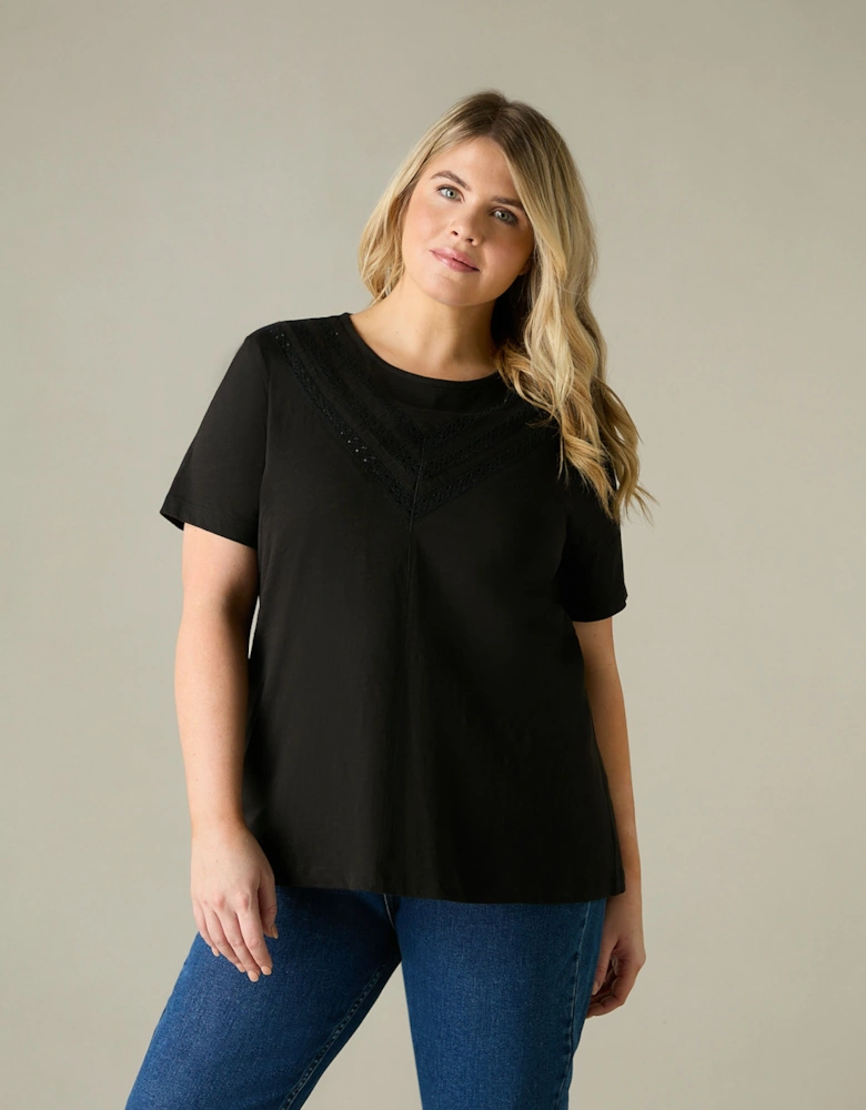 Black Jersey Broderie V-Neck Top