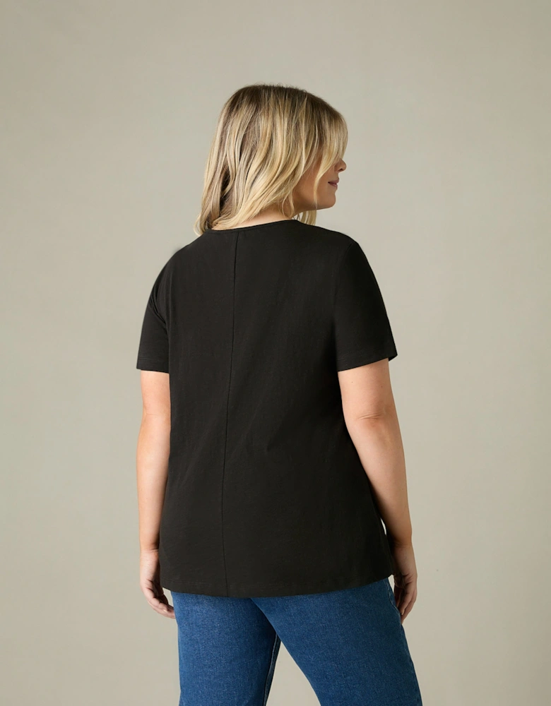 Black Jersey Broderie V-Neck Top