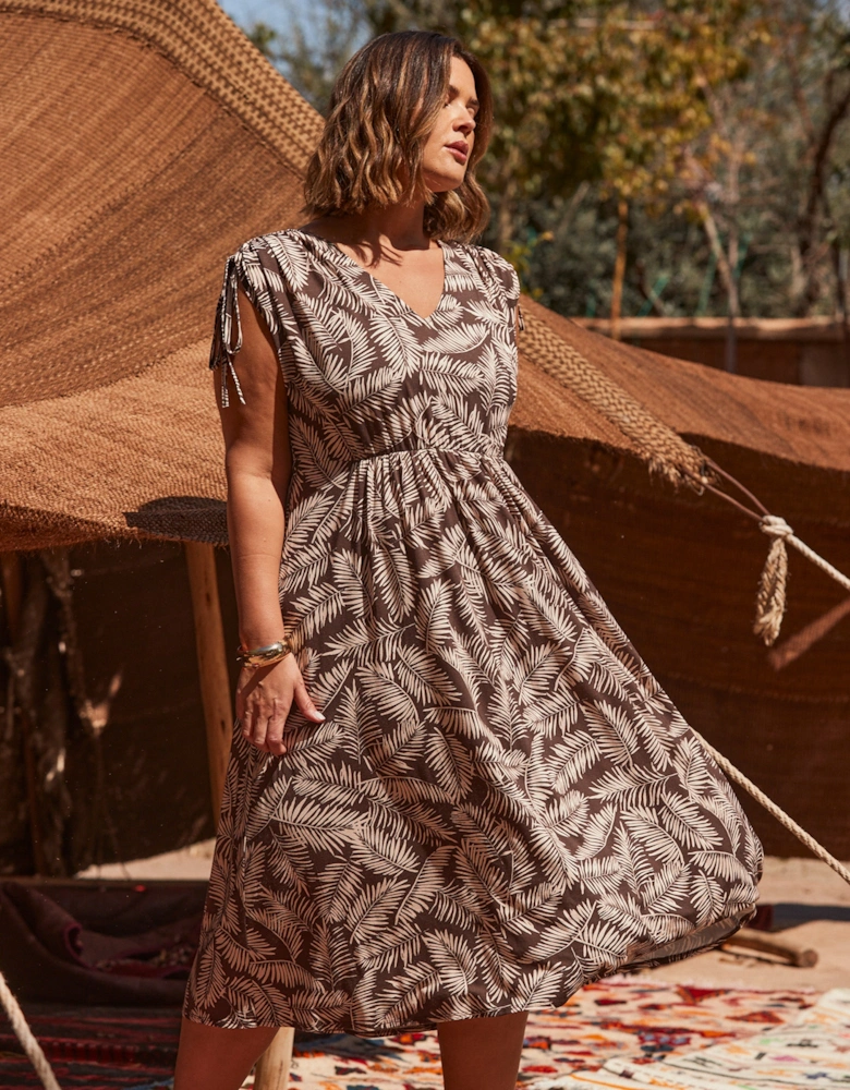 Chocolate Leaf Print Drawstring Midi Dress