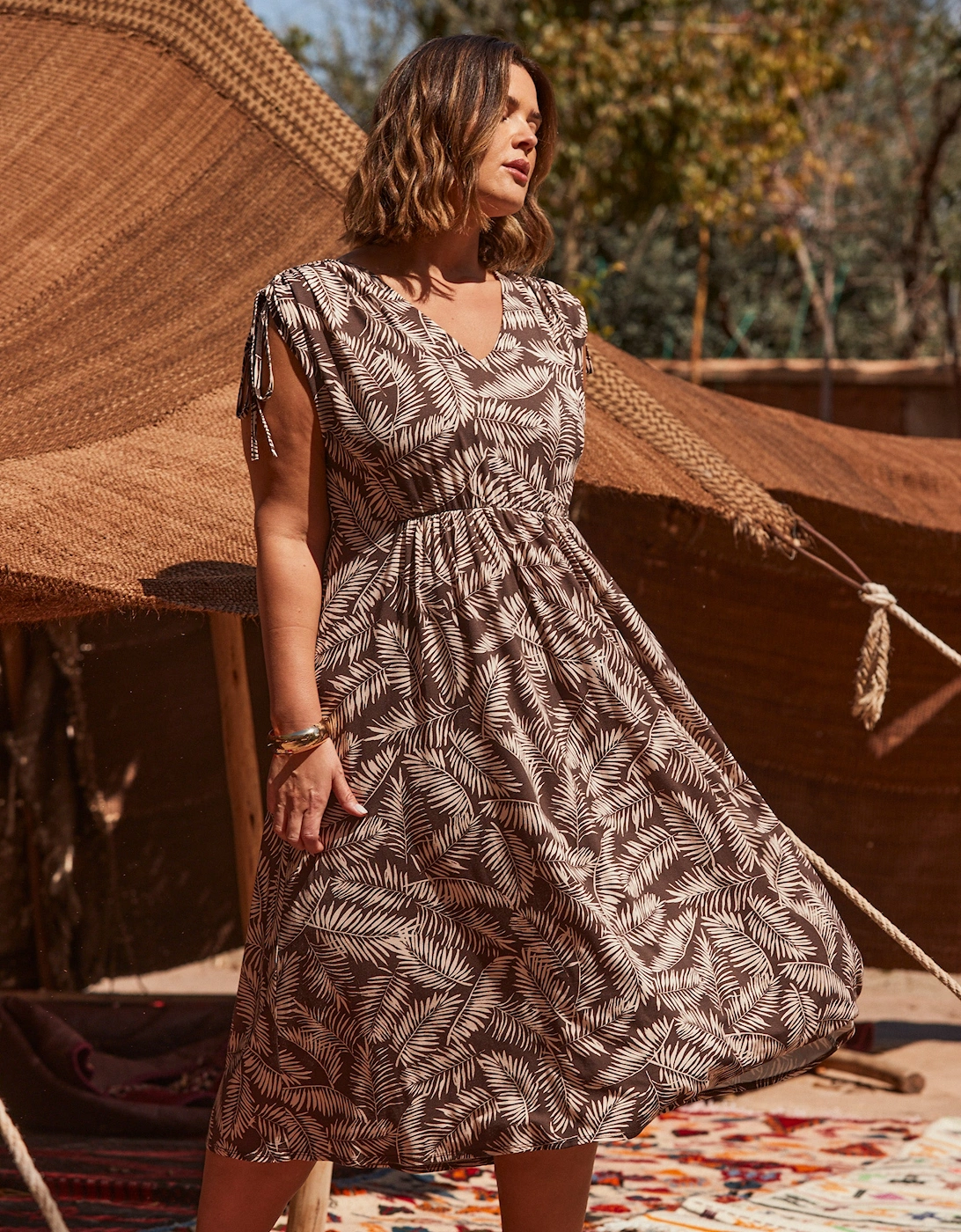 Chocolate Leaf Print Drawstring Midi Dress