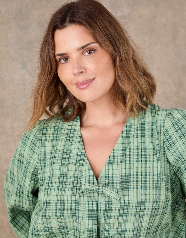 Green Check Bow Front Blouse