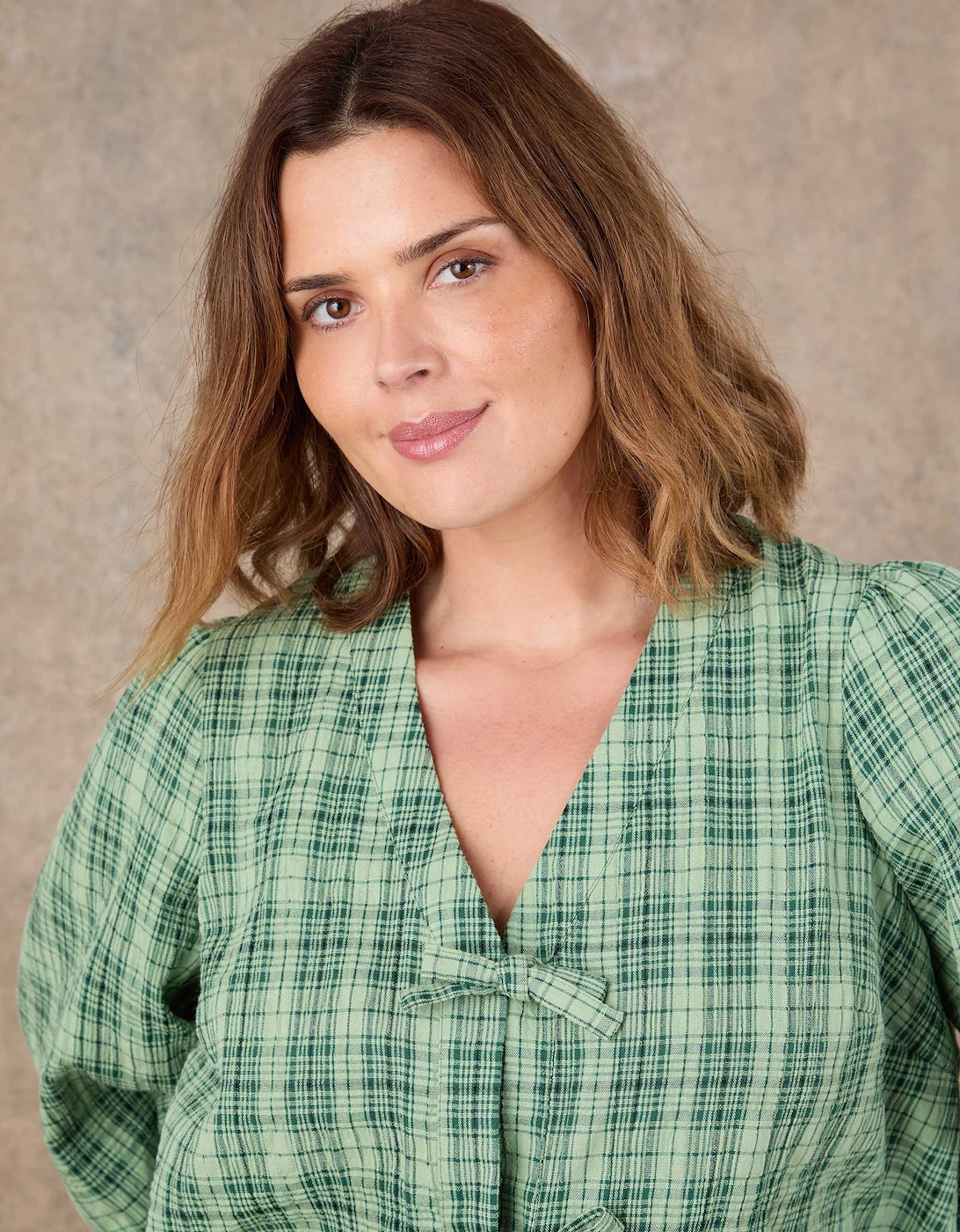 Green Check Bow Front Blouse