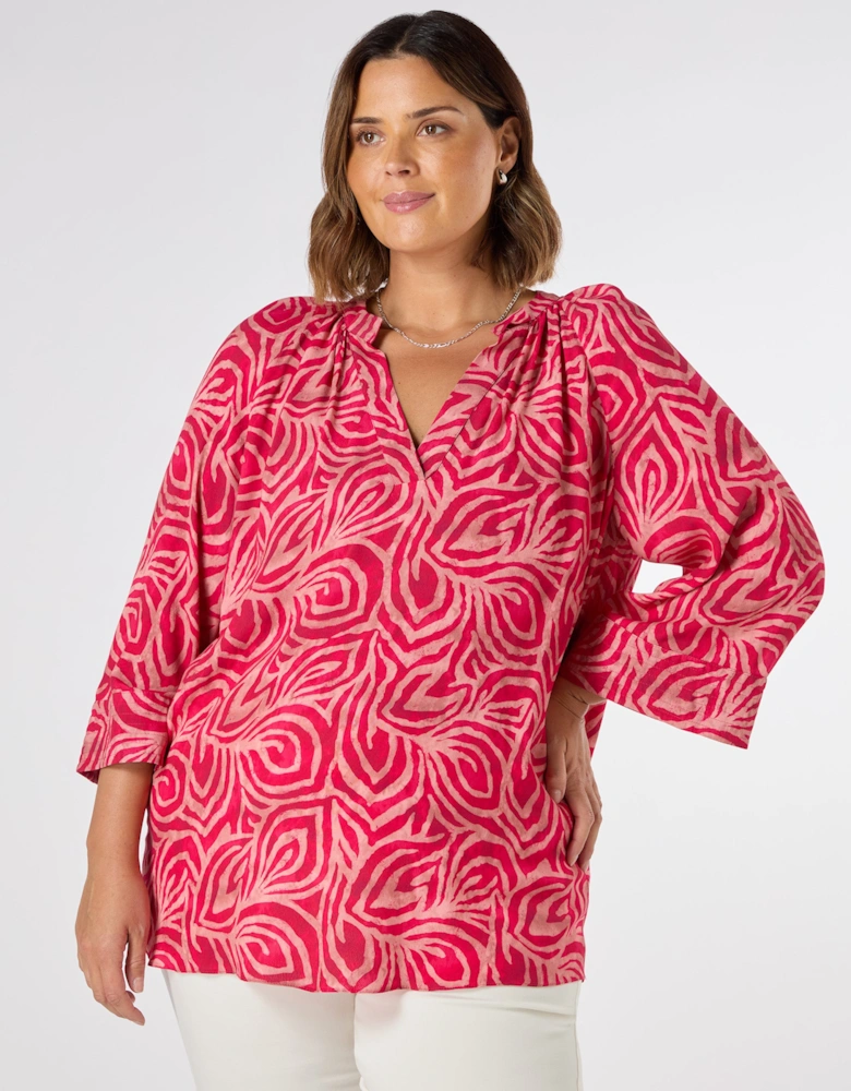 Pink Abstract Cropped Sleeve Blouse