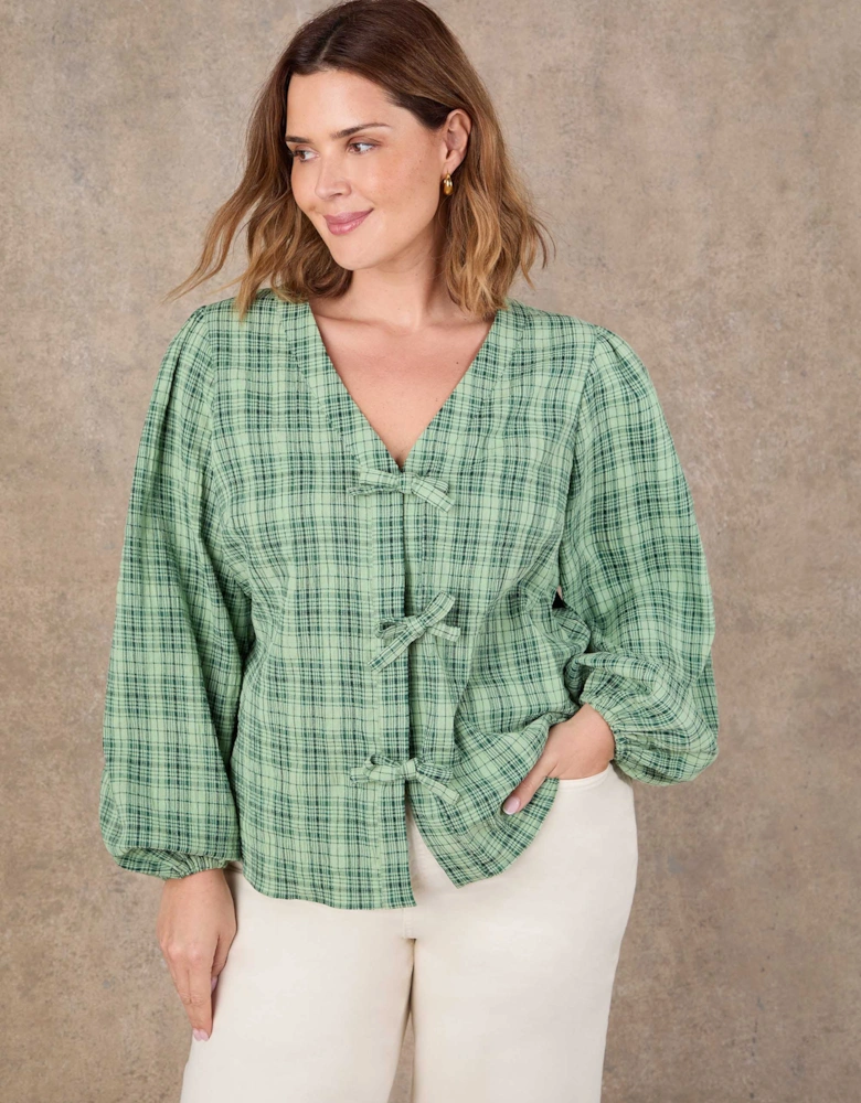 Green Check Bow Front Blouse