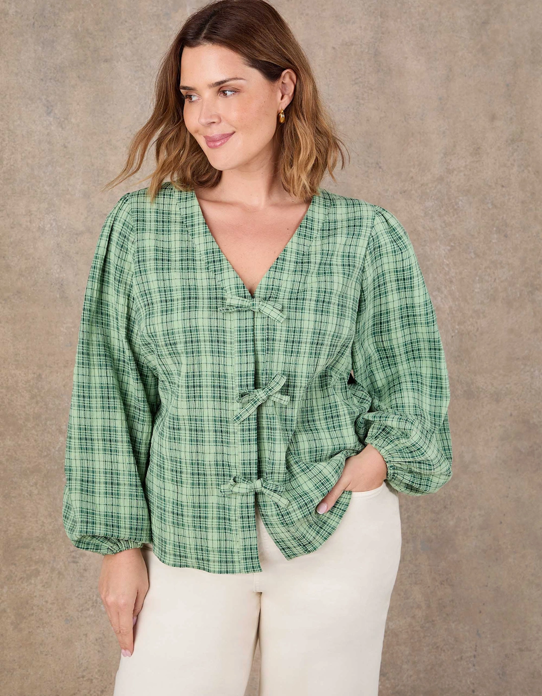 Green Check Bow Front Blouse