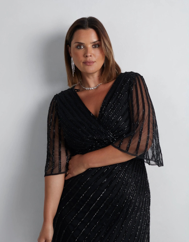 Black Embellished Flutter Sleeve Maxi Dress