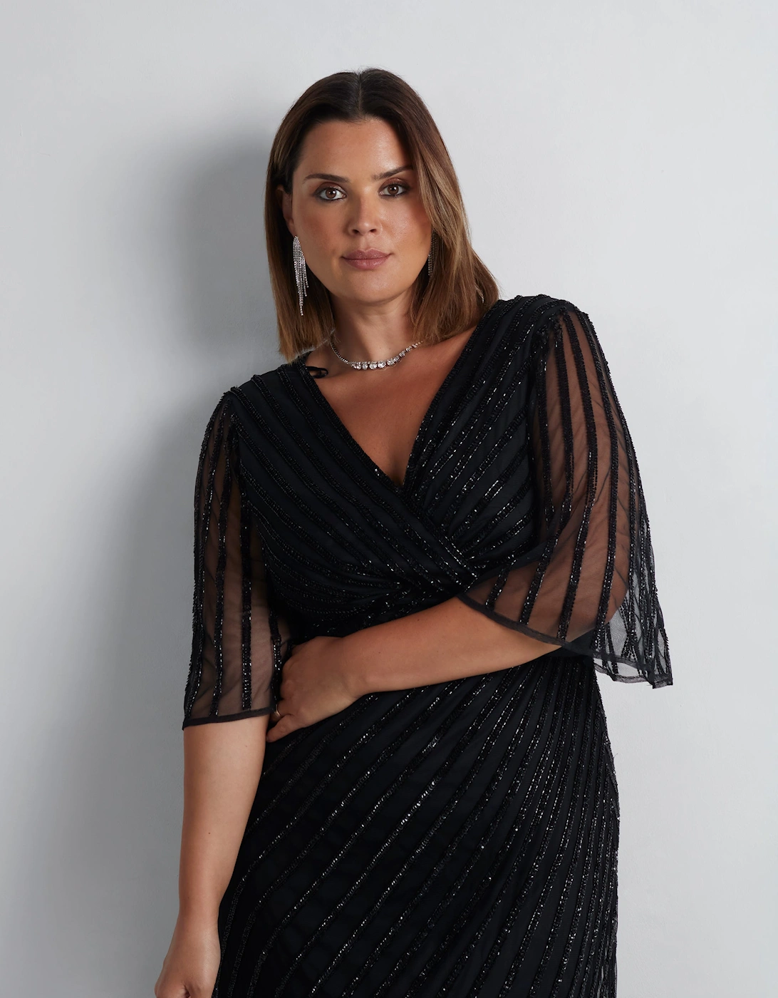 Black Embellished Flutter Sleeve Maxi Dress