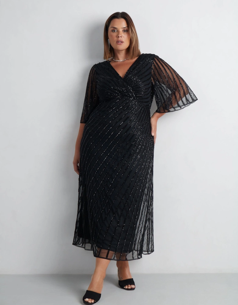 Black Embellished Flutter Sleeve Maxi Dress
