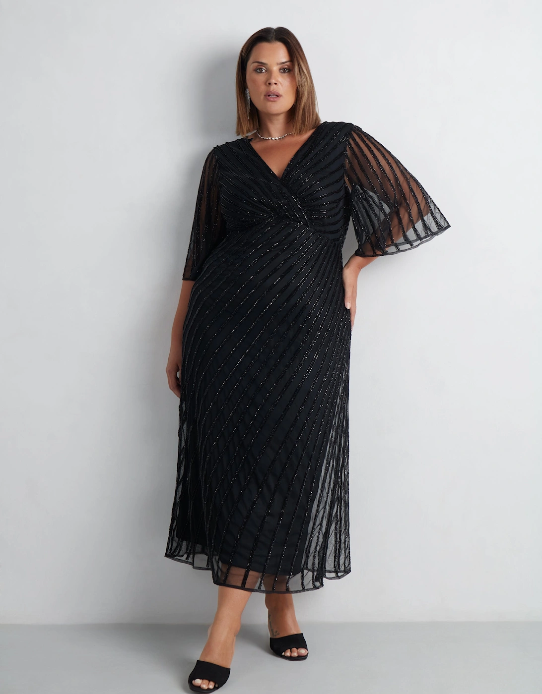 Black Embellished Flutter Sleeve Maxi Dress