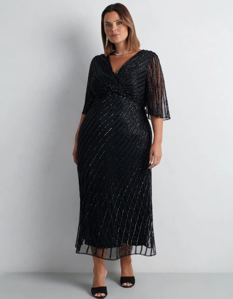 Black Embellished Flutter Sleeve Maxi Dress