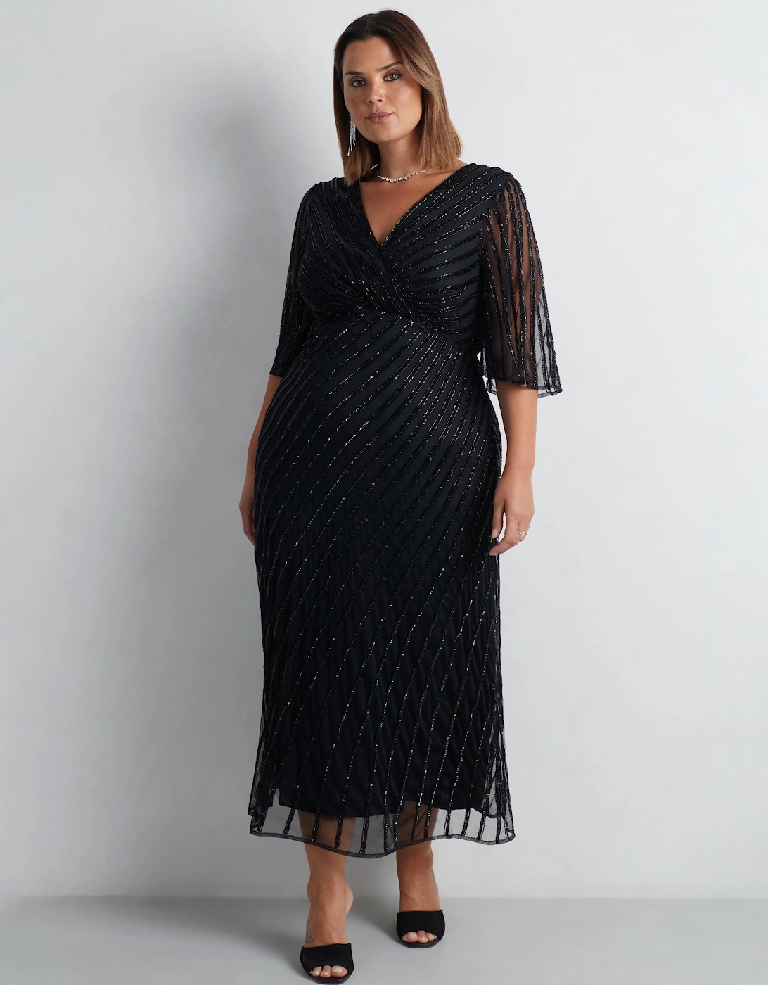 Black Embellished Flutter Sleeve Maxi Dress