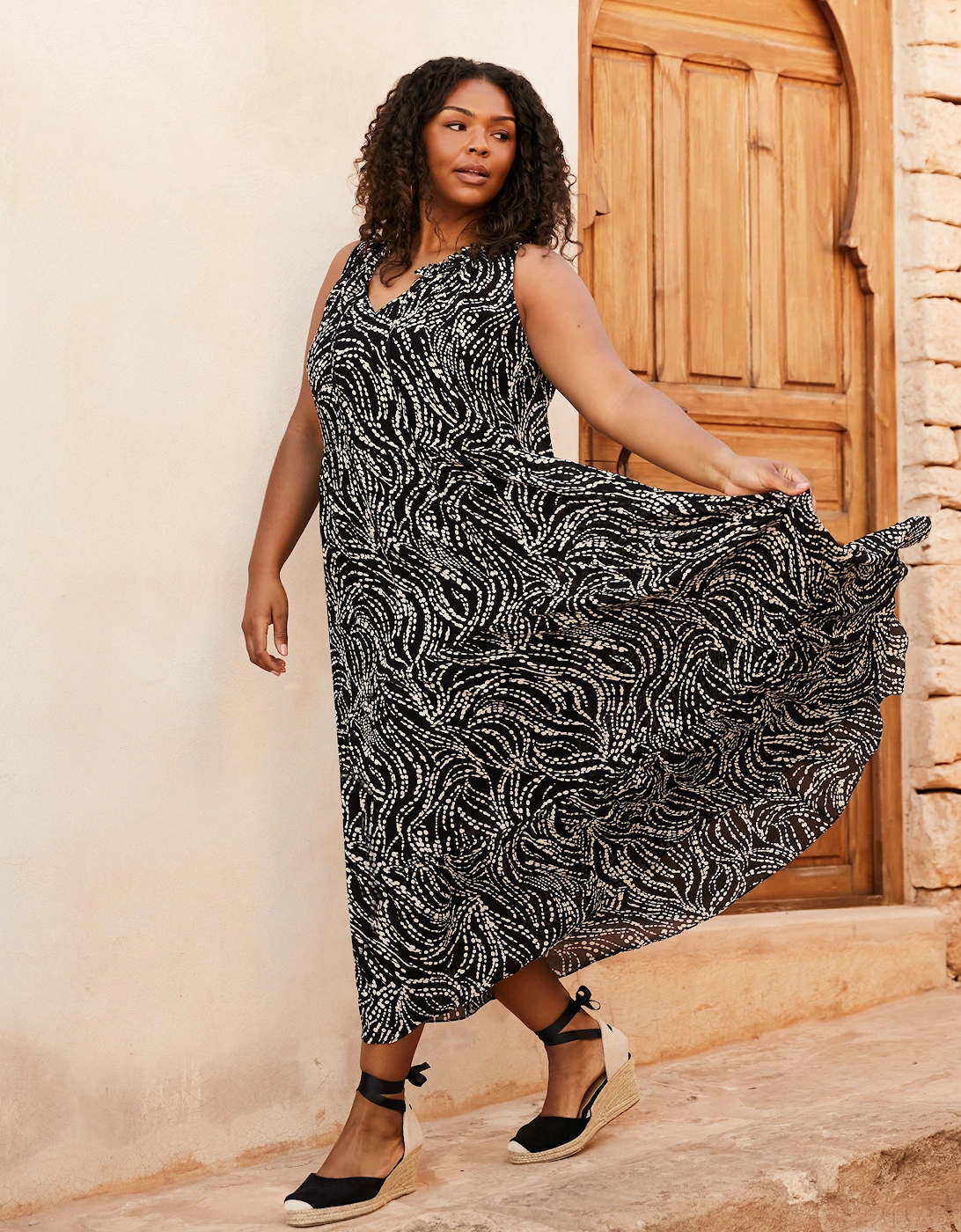Mono Spot Print Ruffle Maxi Dress