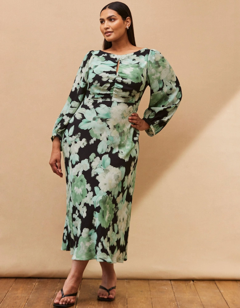 Green Floral Print Ruched Maxi Dress
