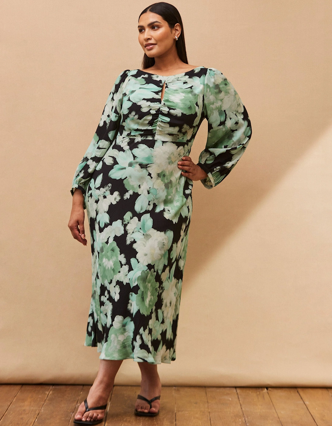 Green Floral Print Ruched Maxi Dress