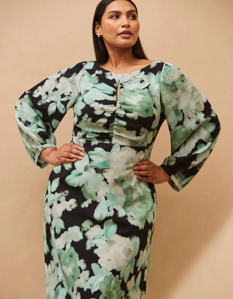 Green Floral Print Ruched Maxi Dress