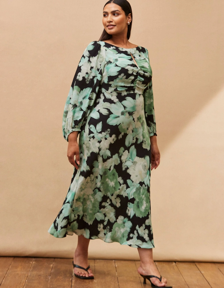 Green Floral Print Ruched Maxi Dress
