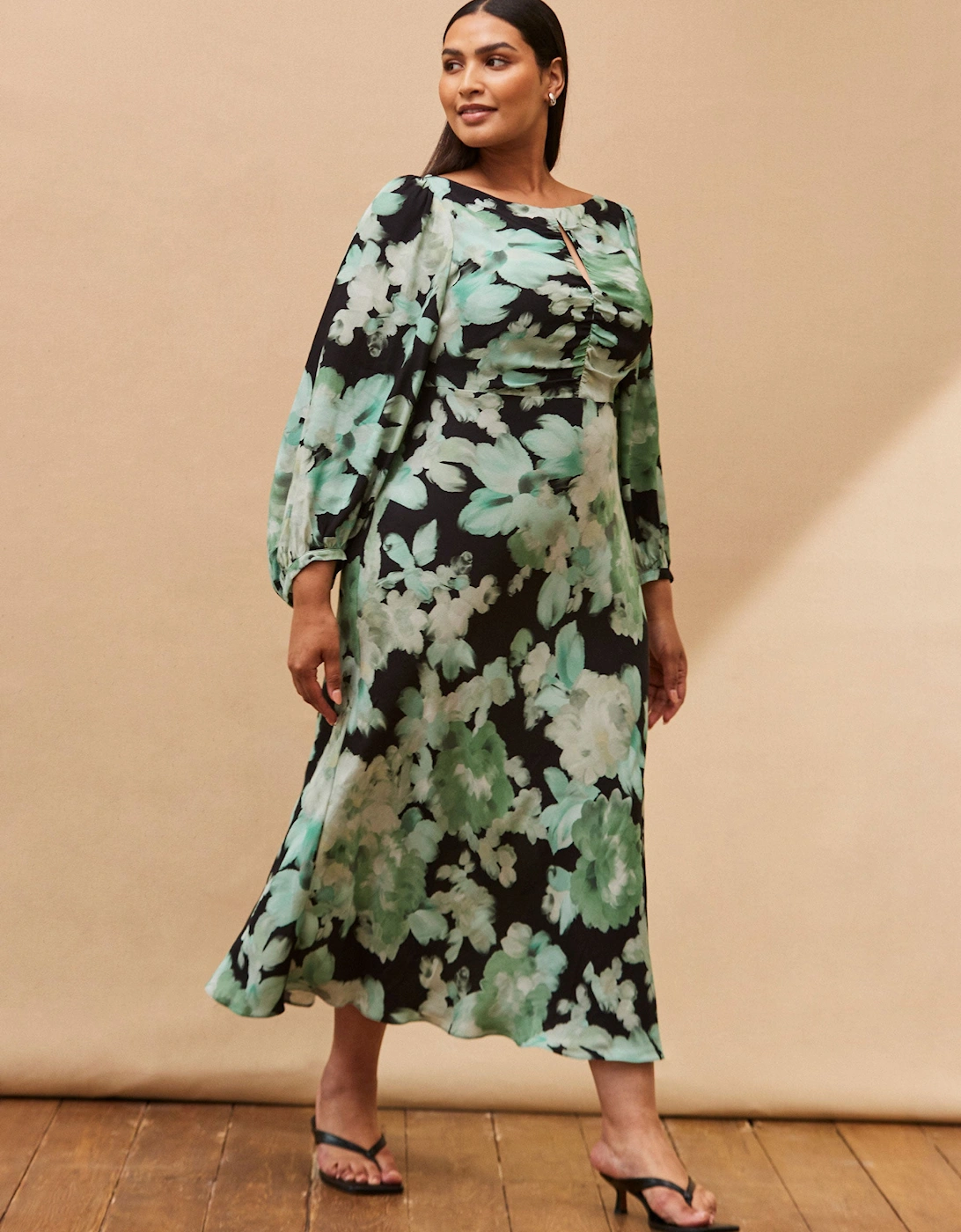 Green Floral Print Ruched Maxi Dress