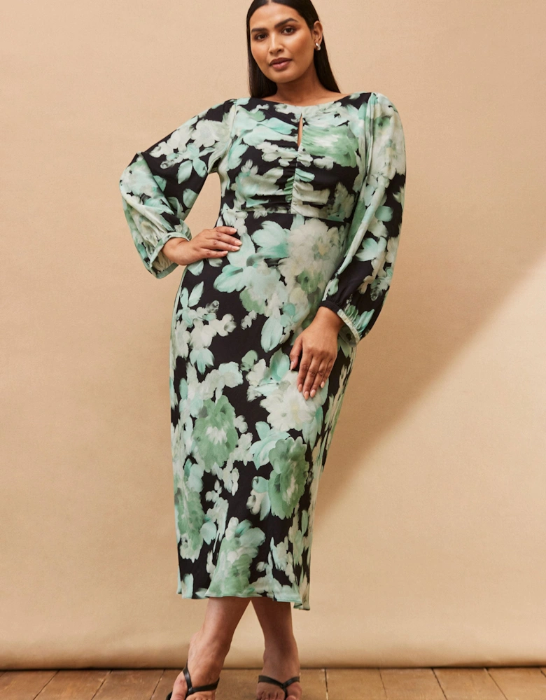 Green Floral Print Ruched Maxi Dress