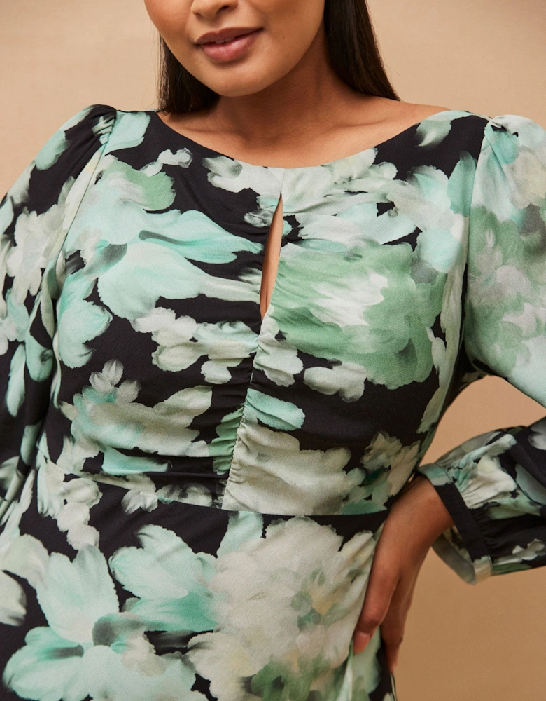 Green Floral Print Ruched Maxi Dress