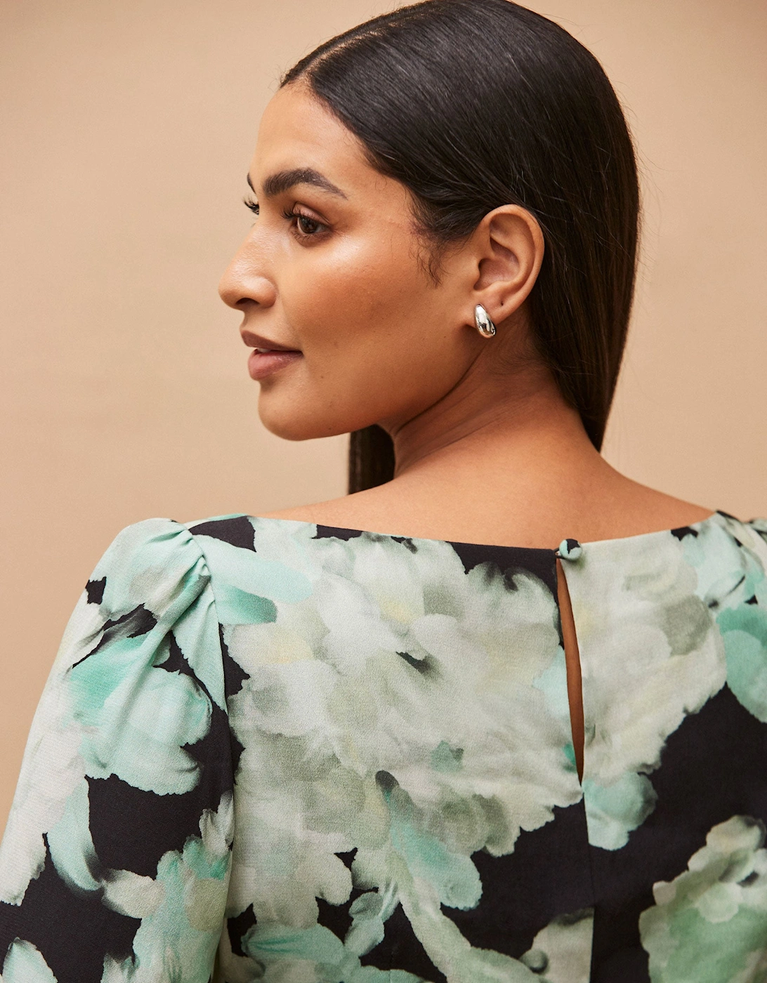 Green Floral Print Ruched Maxi Dress