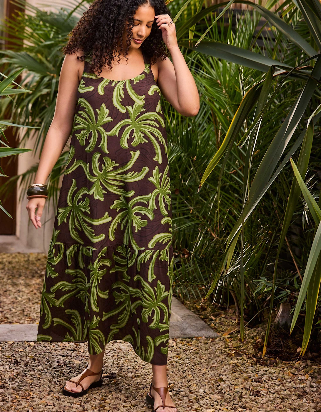 Green Palm Print Drop Tier Dress