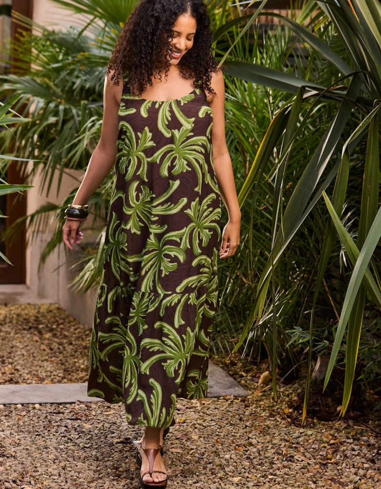 Green Palm Print Drop Tier Dress
