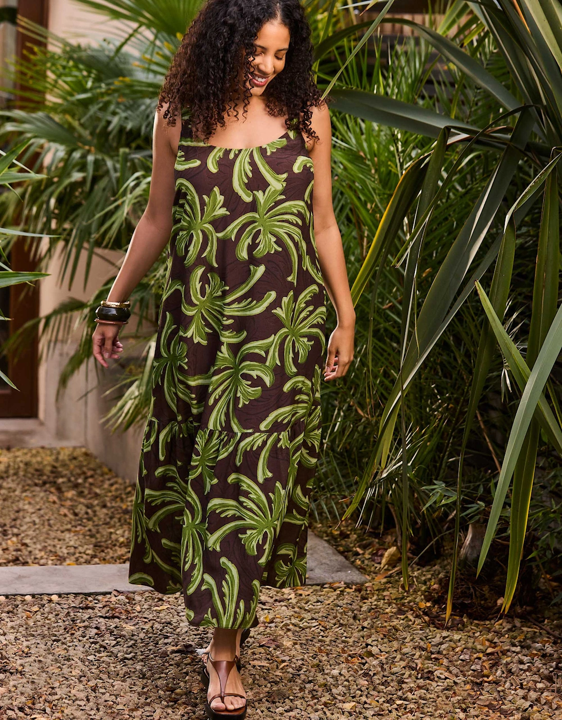 Green Palm Print Drop Tier Dress
