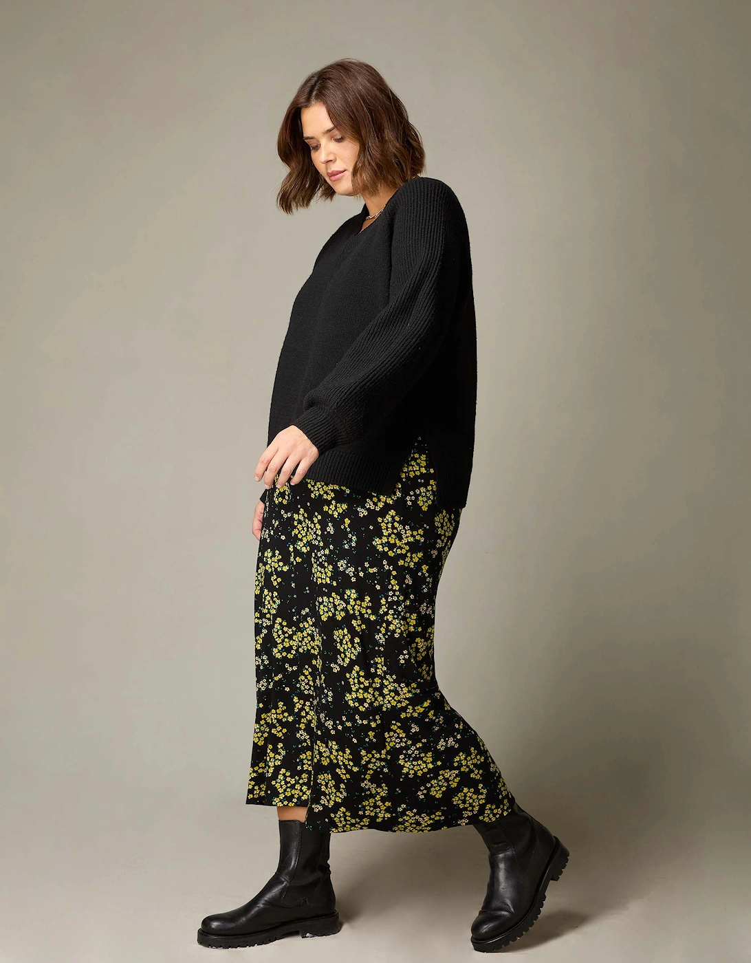 Yellow Ditsy Print Jersey Swing Skirt