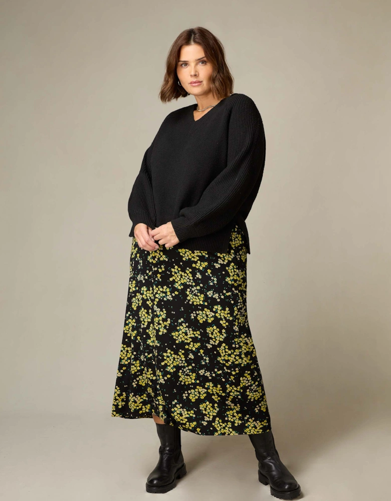 Yellow Ditsy Print Jersey Swing Skirt