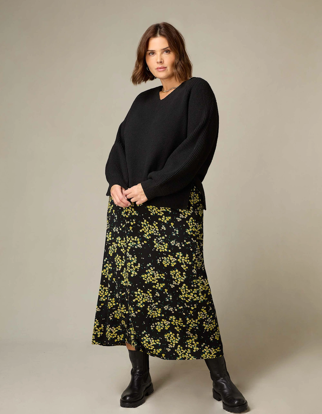 Yellow Ditsy Print Jersey Swing Skirt