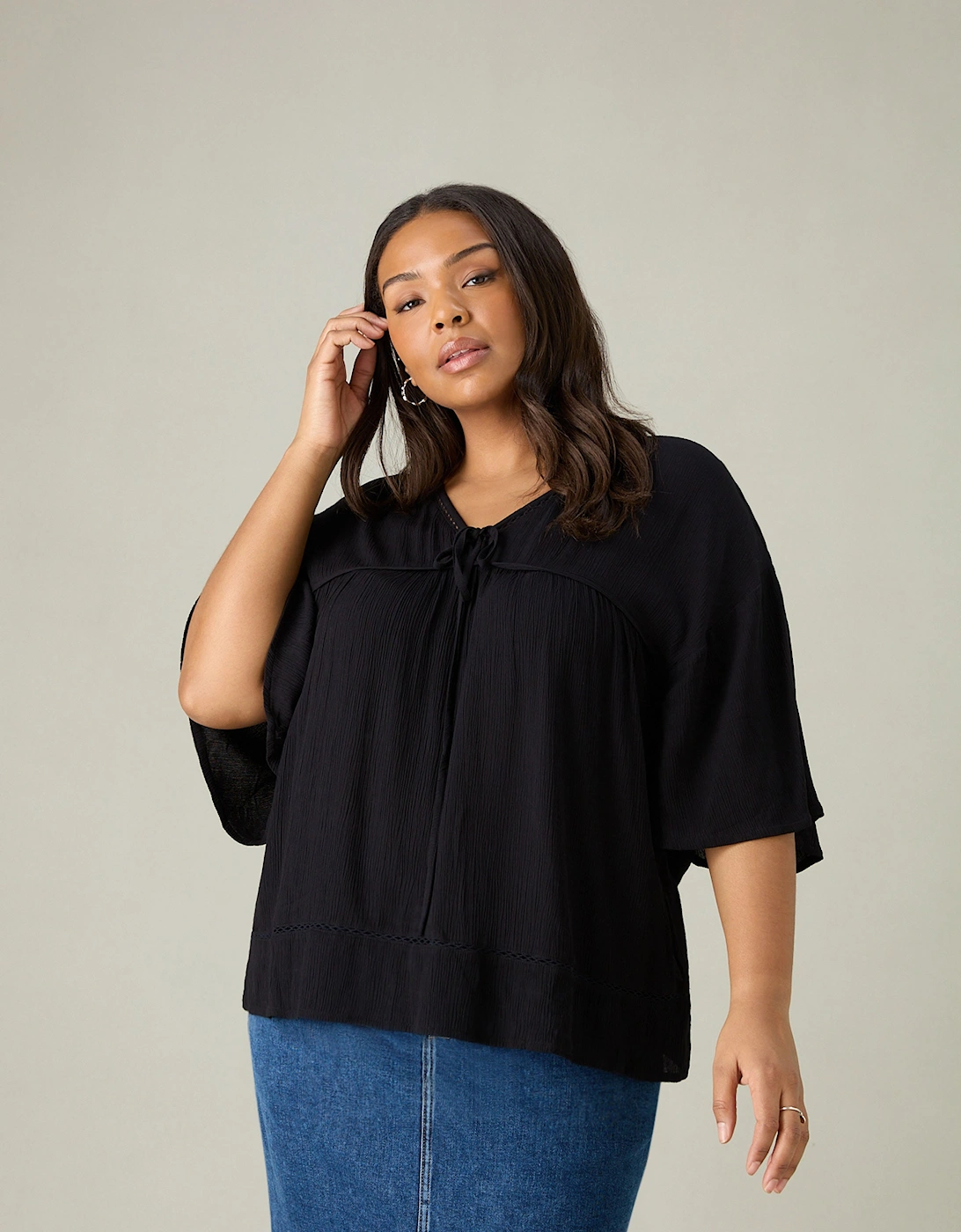 Black Crinkle Tie Front Top