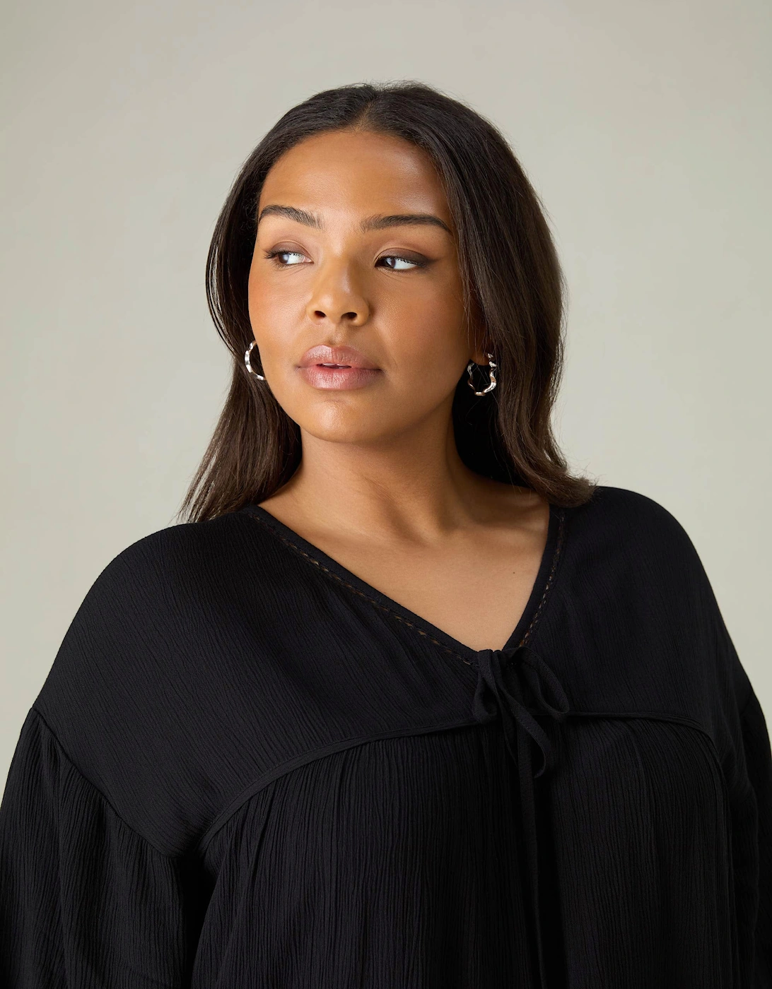 Black Crinkle Tie Front Top