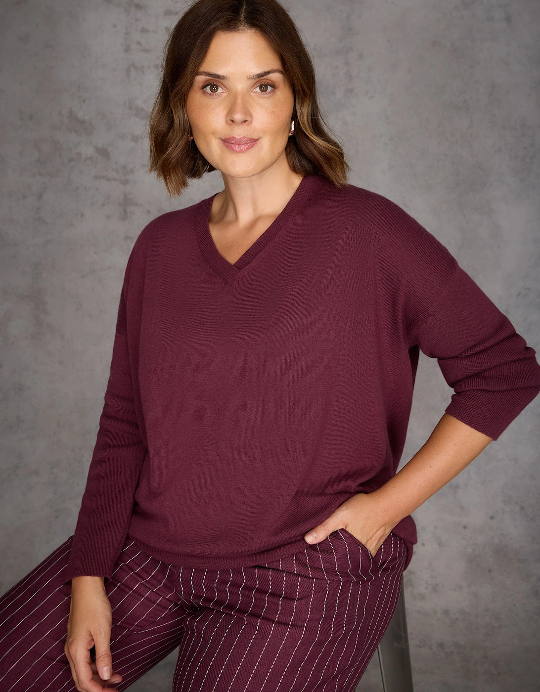 Burgundy V Neck Jumper