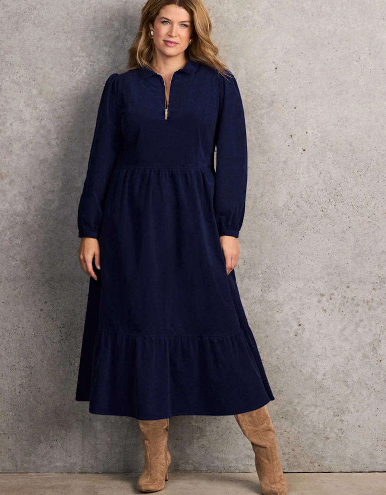 Navy Corduroy Zip-Front Midi Dress