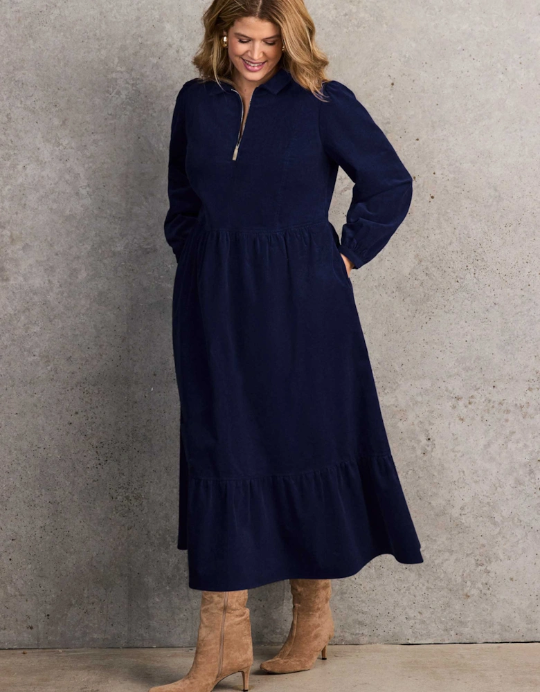 Navy Corduroy Zip-Front Midi Dress