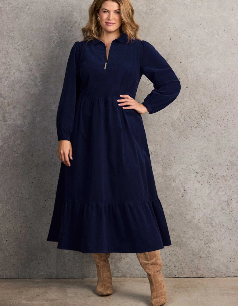 Navy Corduroy Zip-Front Midi Dress