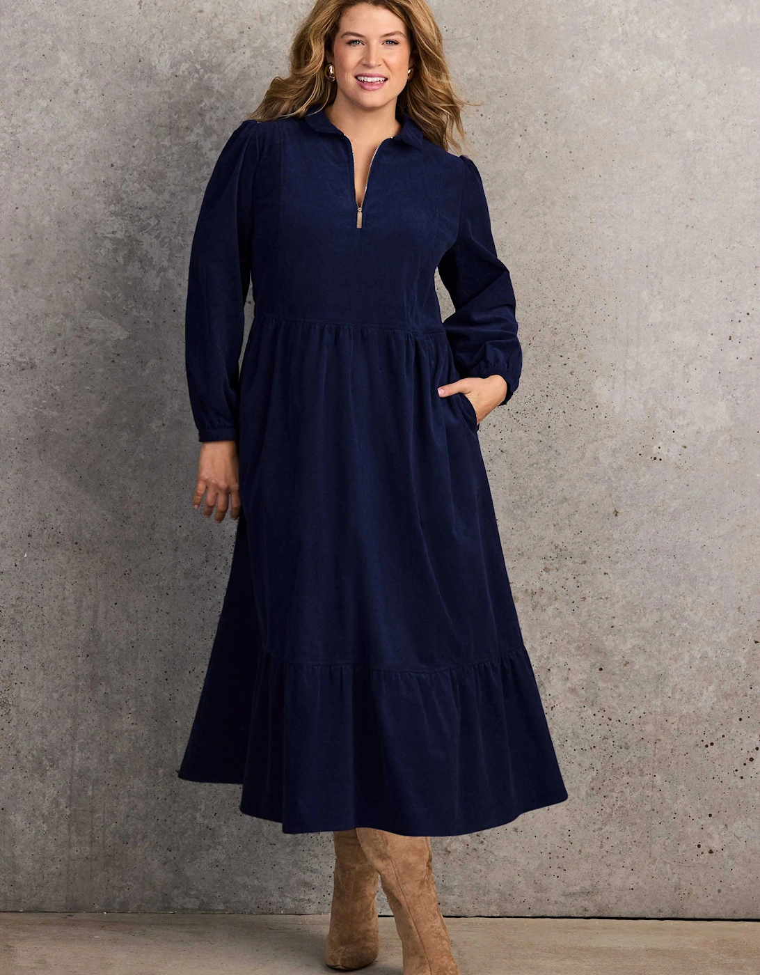 Navy Corduroy Zip-Front Midi Dress, 7 of 6
