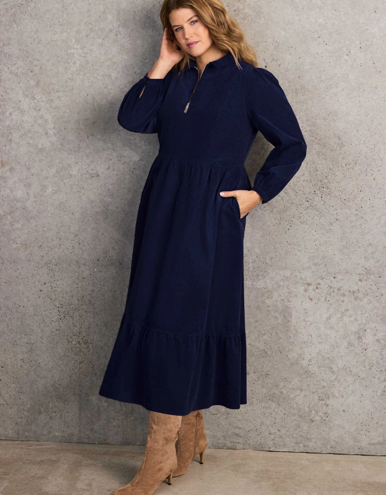 Navy Corduroy Zip-Front Midi Dress
