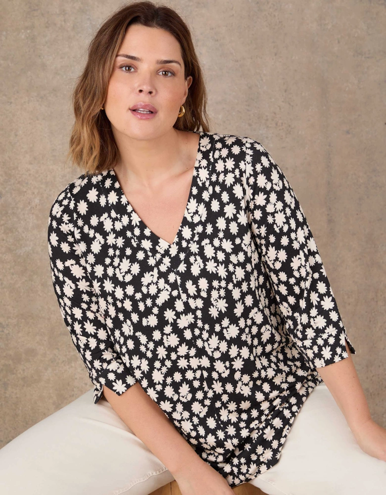 Petite Petite Black Ditsy Print Split Sleeve Tunic