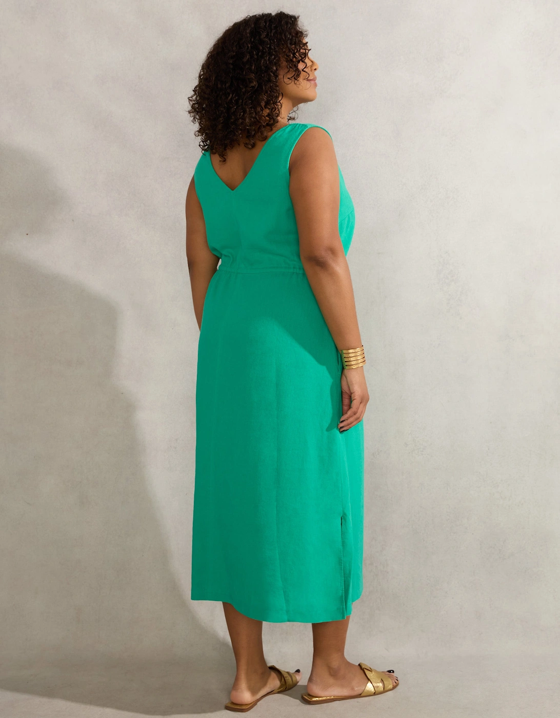 Green Linen Blend Drawstring Dress