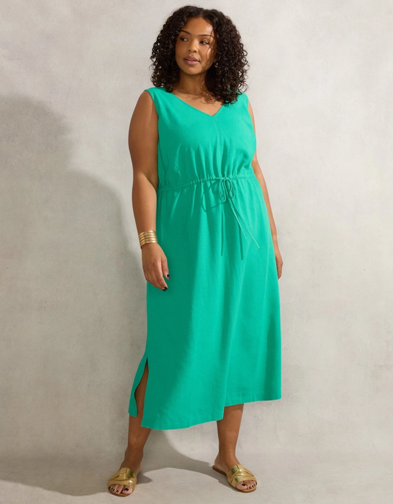 Green Linen Blend Drawstring Dress
