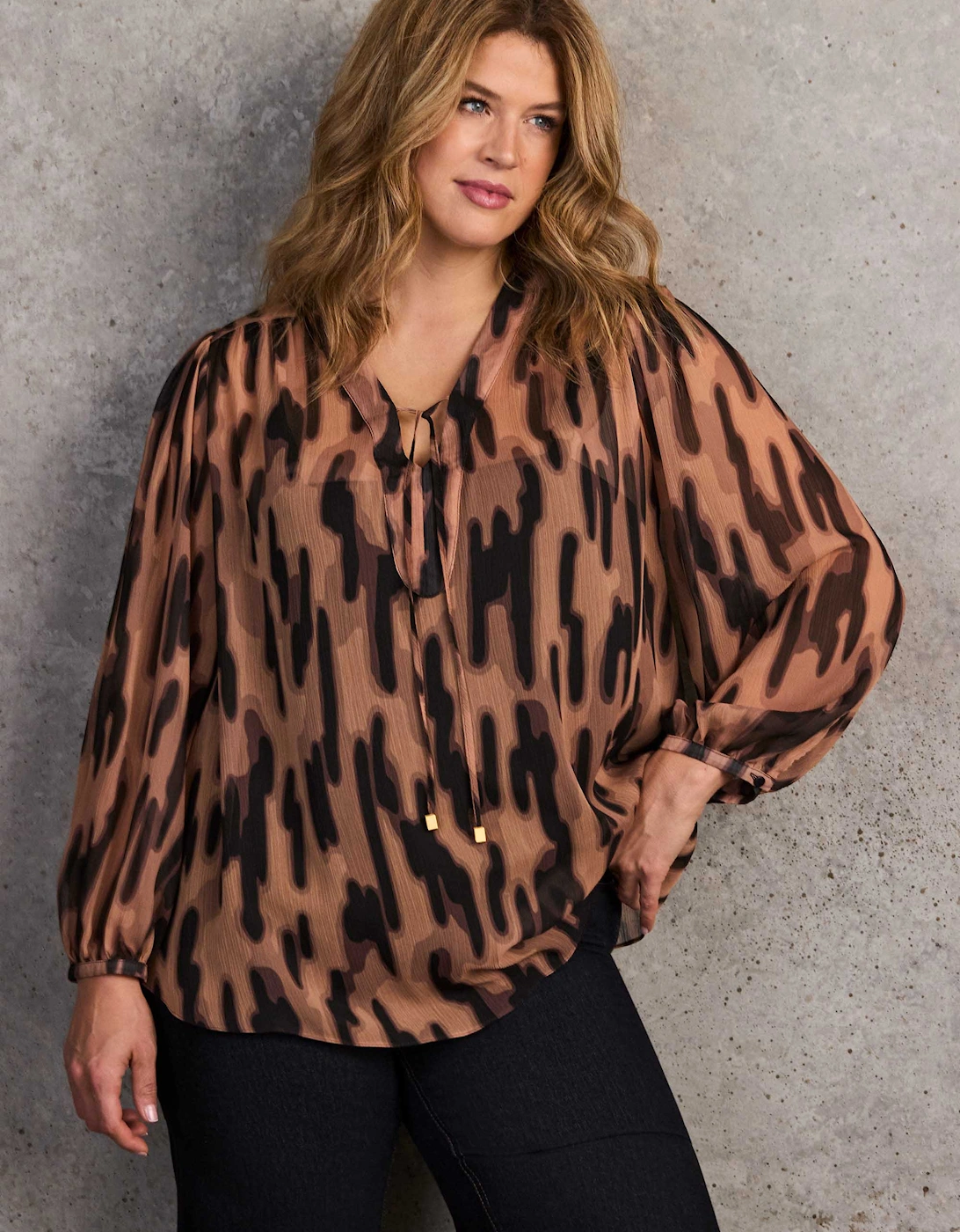 Brown Abstract Animal Print V-Neck Blouse
