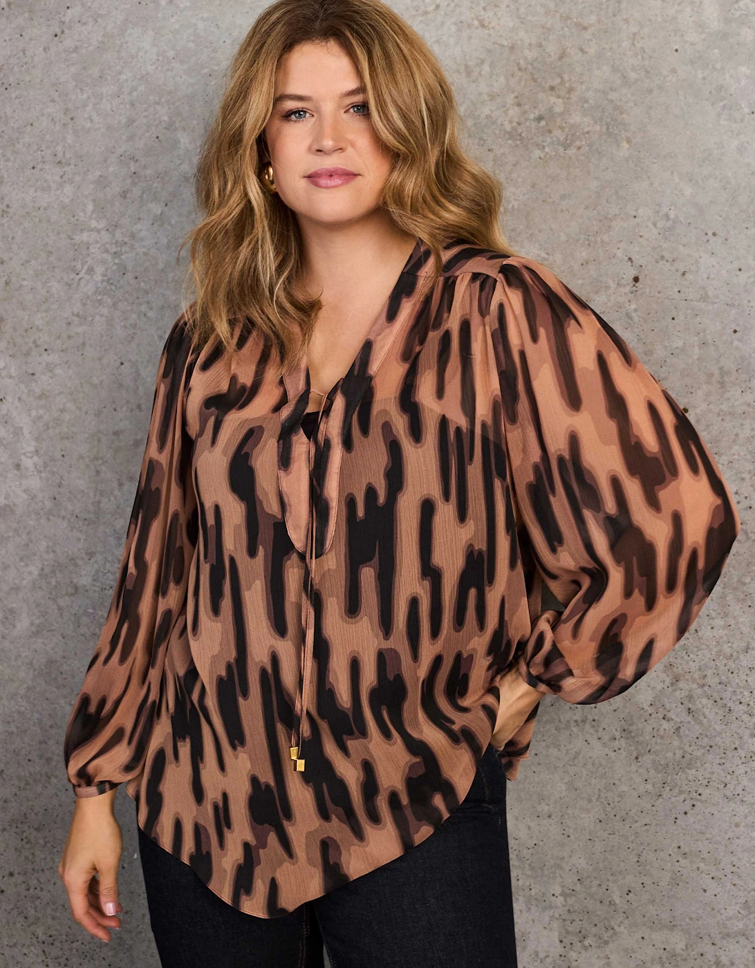 Brown Abstract Animal Print V-Neck Blouse