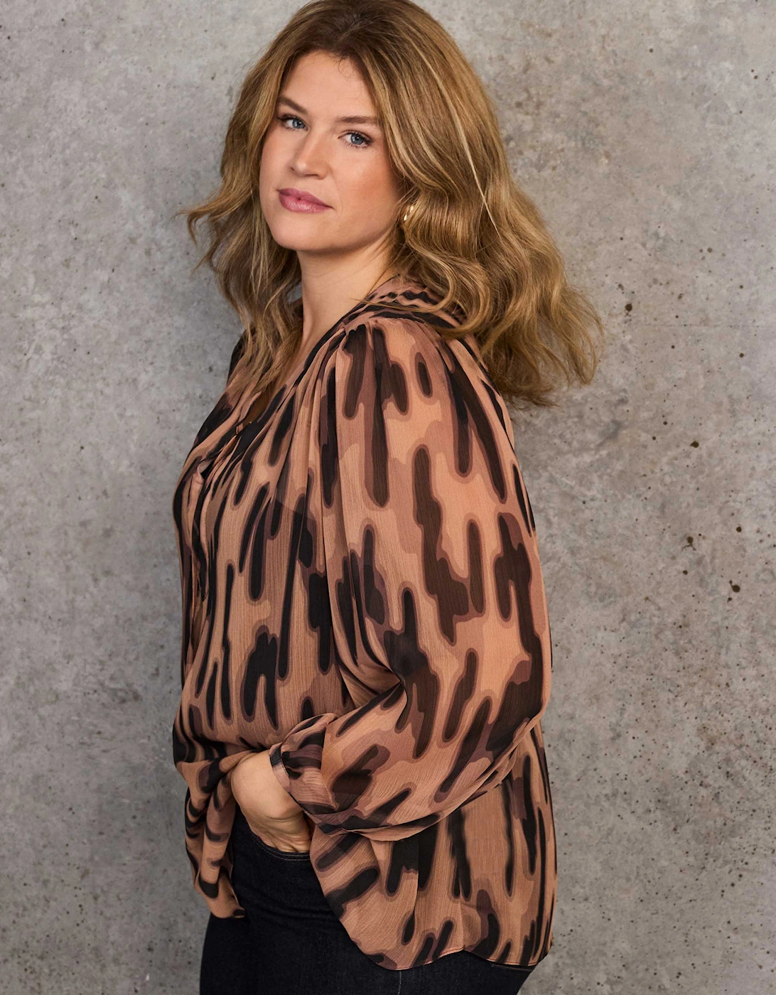 Brown Abstract Animal Print V-Neck Blouse