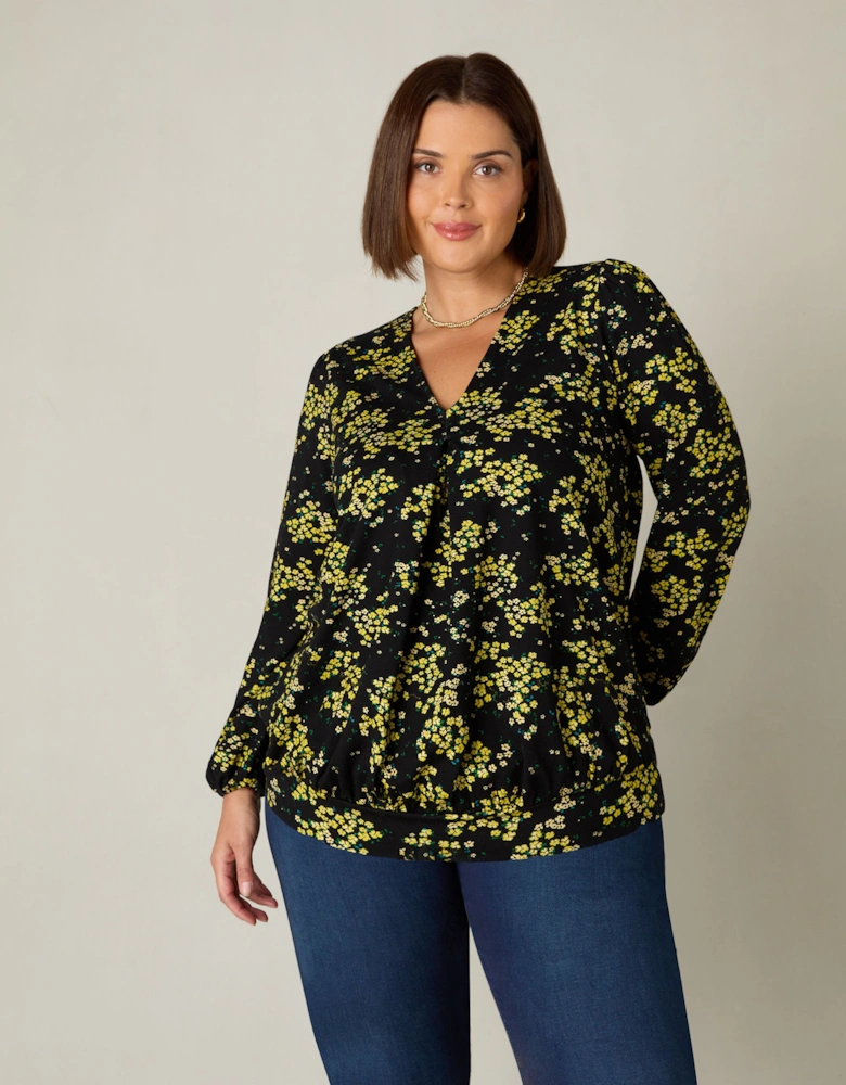 Yellow Ditsy Print Jersey Pleat Front Top