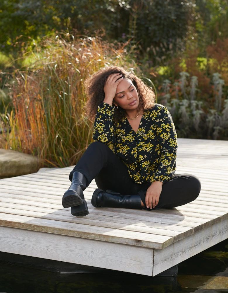 Yellow Ditsy Print Jersey Pleat Front Top