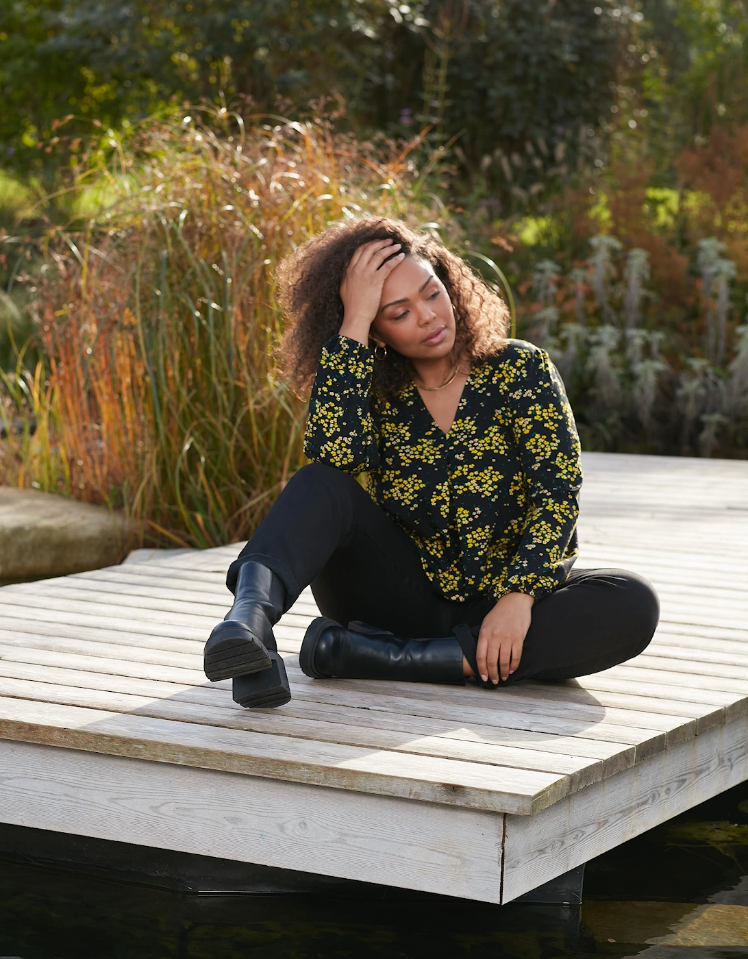Yellow Ditsy Print Jersey Pleat Front Top
