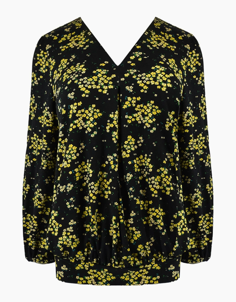 Yellow Ditsy Print Jersey Pleat Front Top